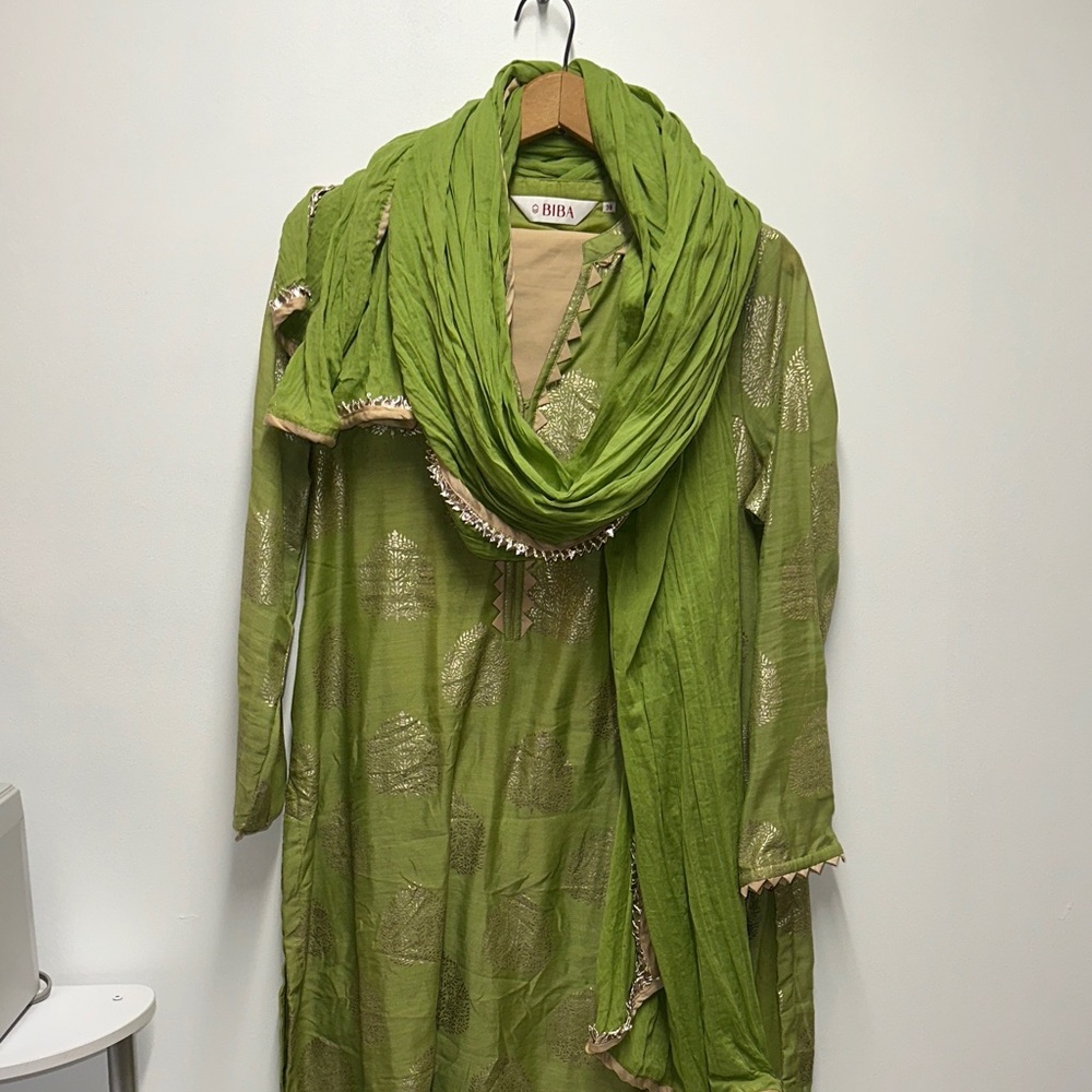 Biba Olive and Gold Kurta Ensemble with Scarf